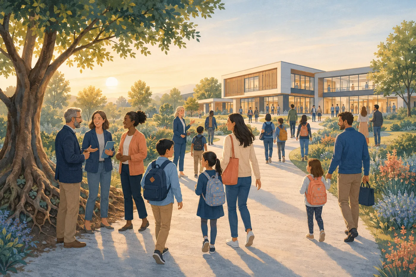 Gemeinsamer Weg zur neuen Schule – ein großer Baum als Sinnbild für das Fundament, ein Weg zur Schule und Pflanzen als Zeichen des Wachstums